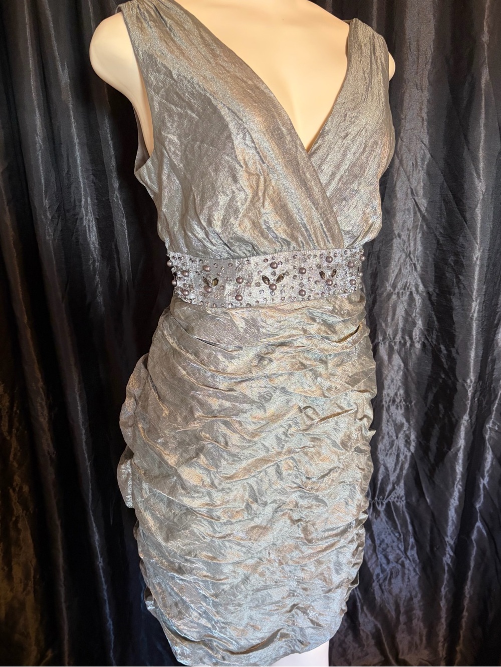 dressbarn Silver Sleeveless V-Neck Ruched Mini Dress with Beaded Waist